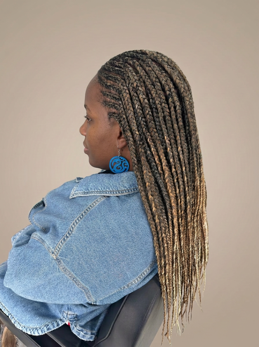 Dixa salon photograph of cornrows and long braids, with studio-edited background and tidied braid ends