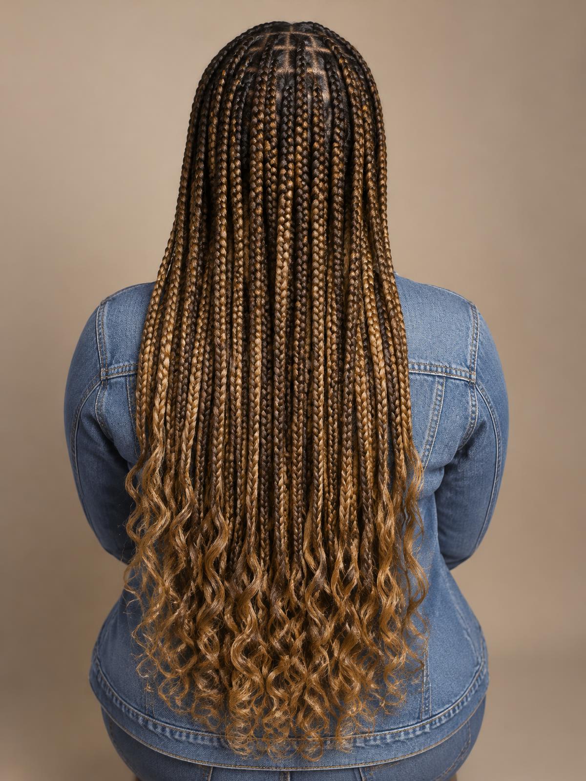 Knotless braids in a dark-brown to honey-blonde blend with curled ends, styled at Dixa Hair & Beauty Salon