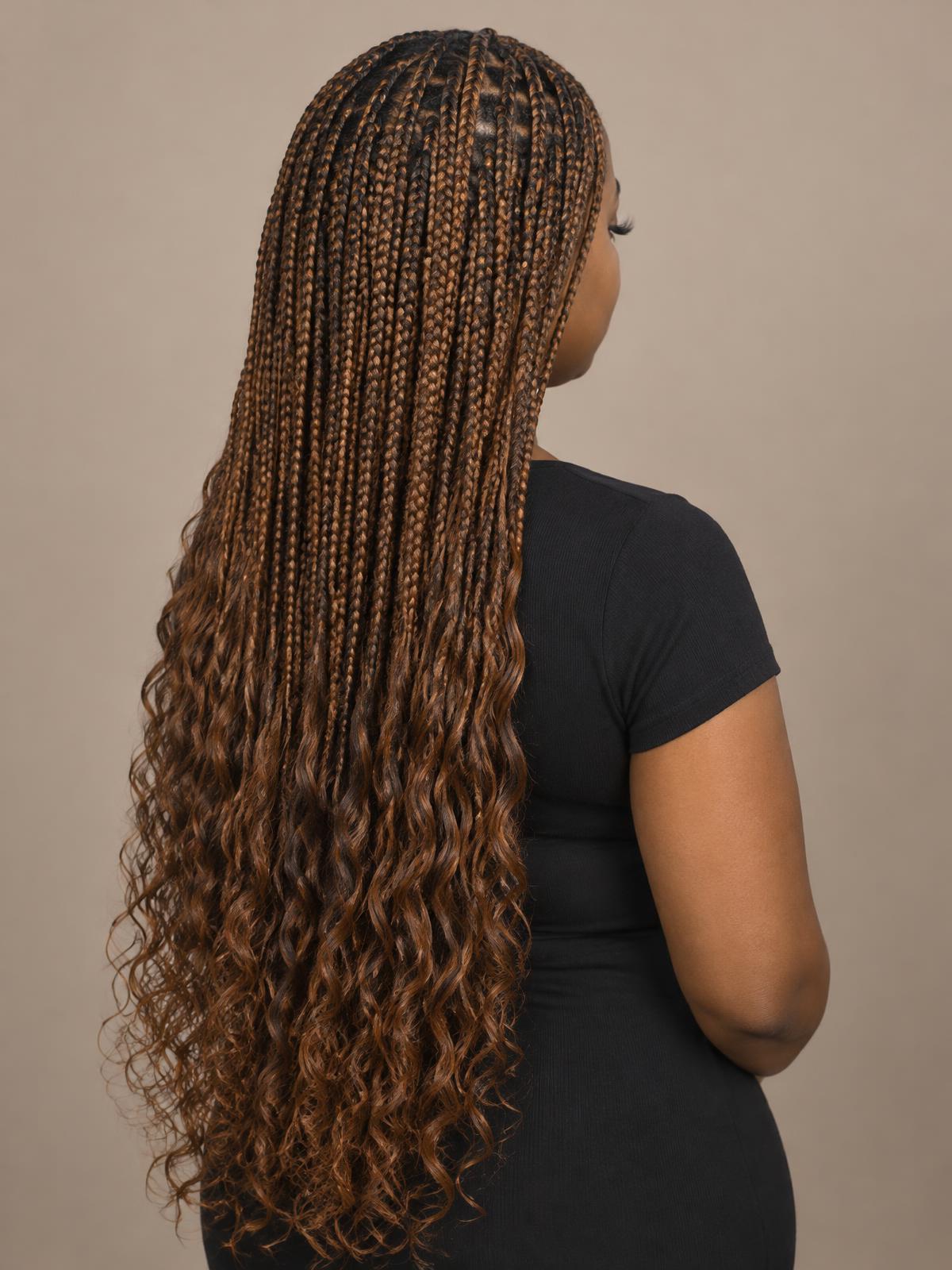 Copper knotless braids with long wavy boho ends, styled at Dixa Hair & Beauty Salon