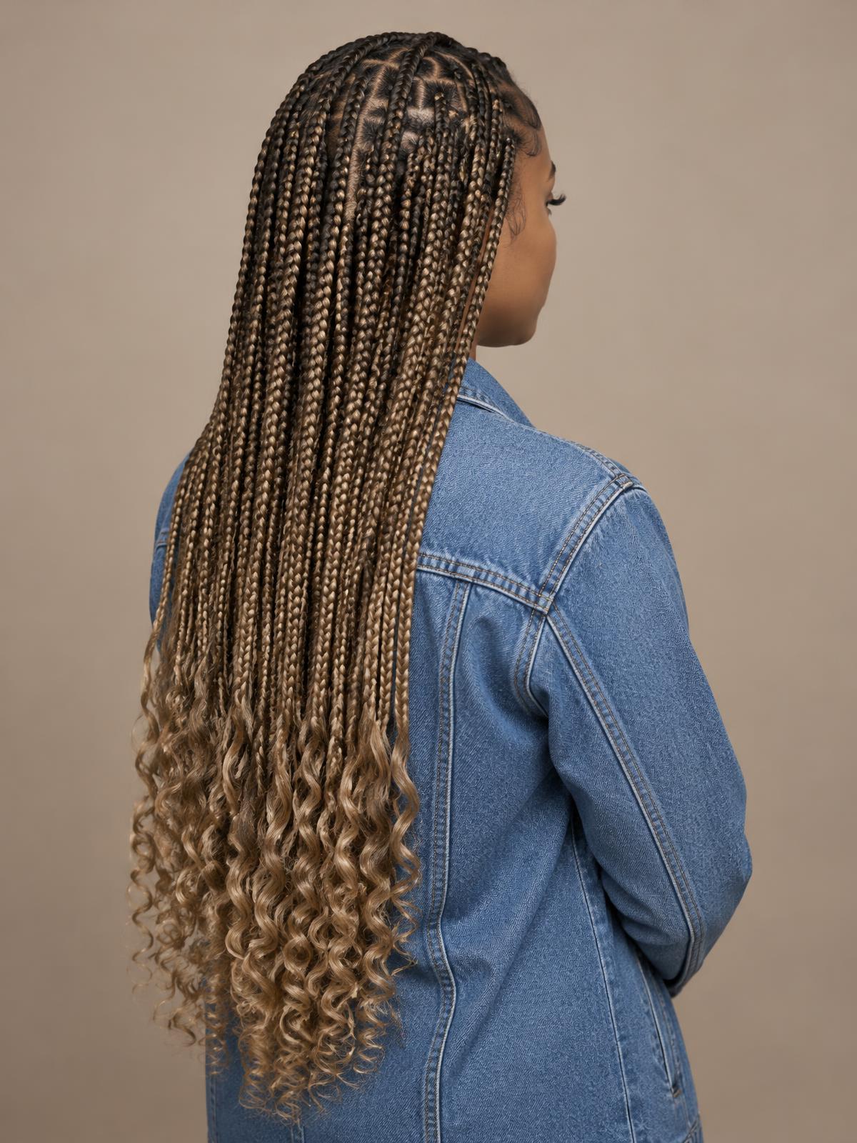 Long knotless braids in a honey-blonde blend viewed from the side, styled at Dixa Hair & Beauty Salon