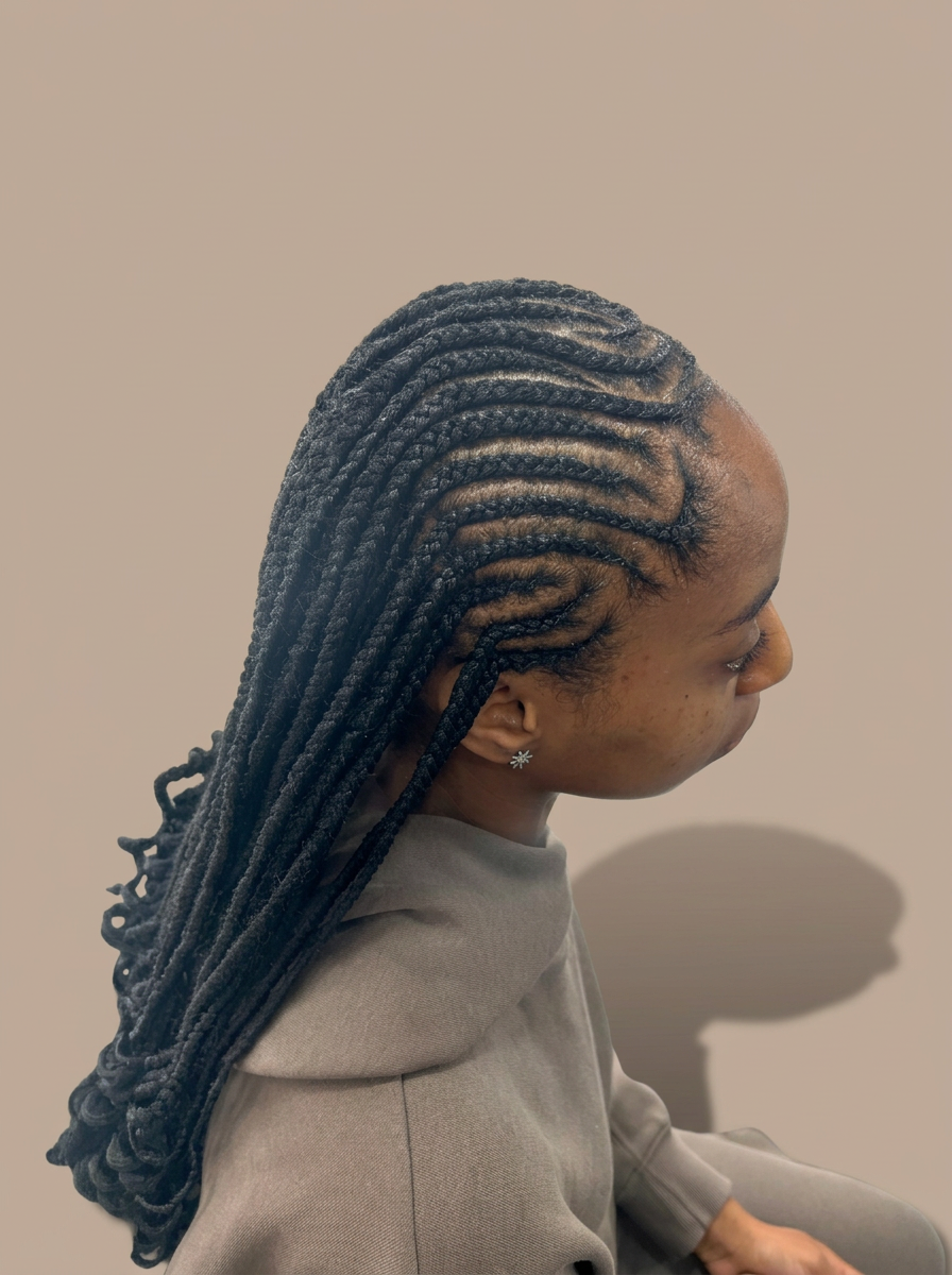 Sweeping cornrows with long braids styled at Dixa Hair & Beauty Salon