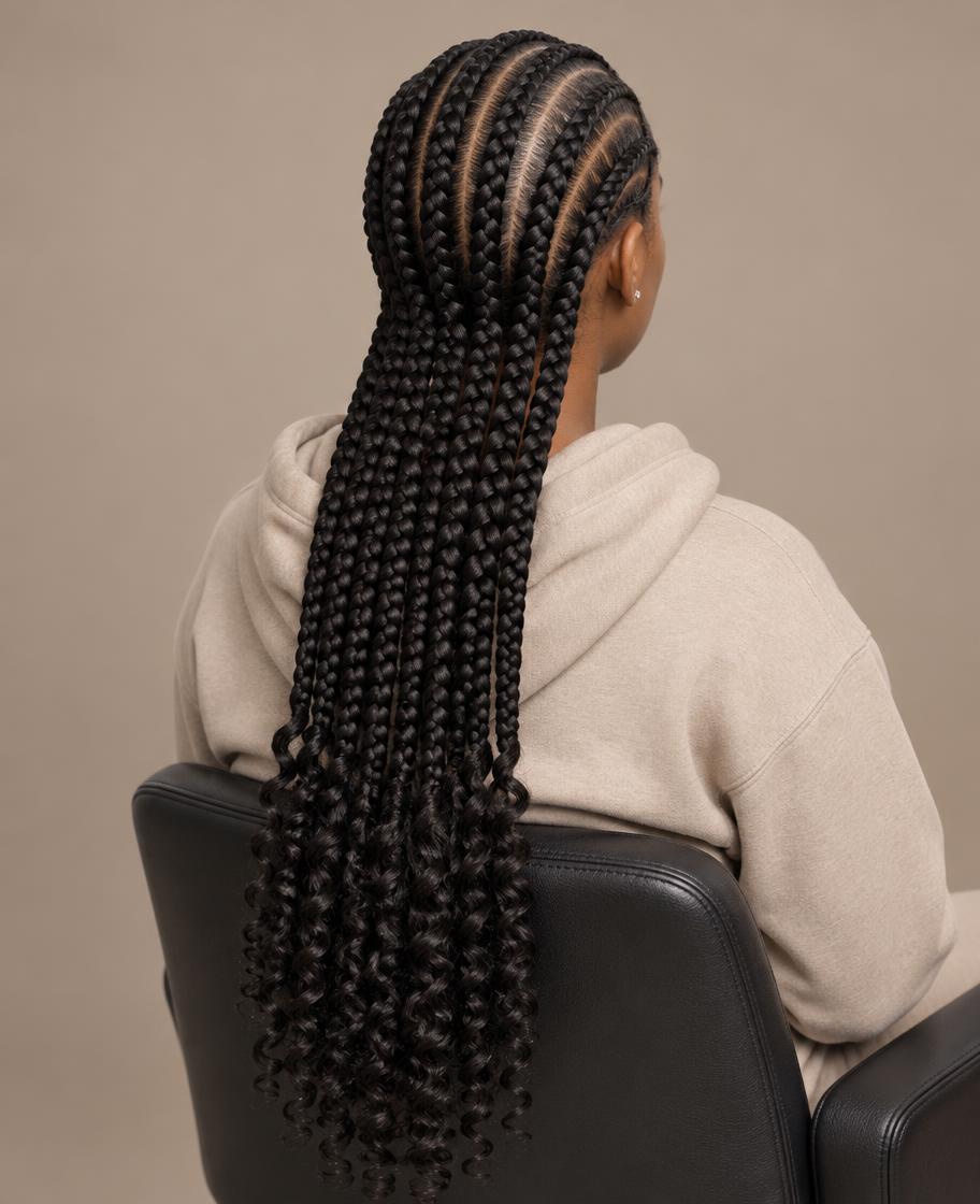 Full cornrow braids with curly ends seen from behind, styled at Dixa Hair & Beauty Salon