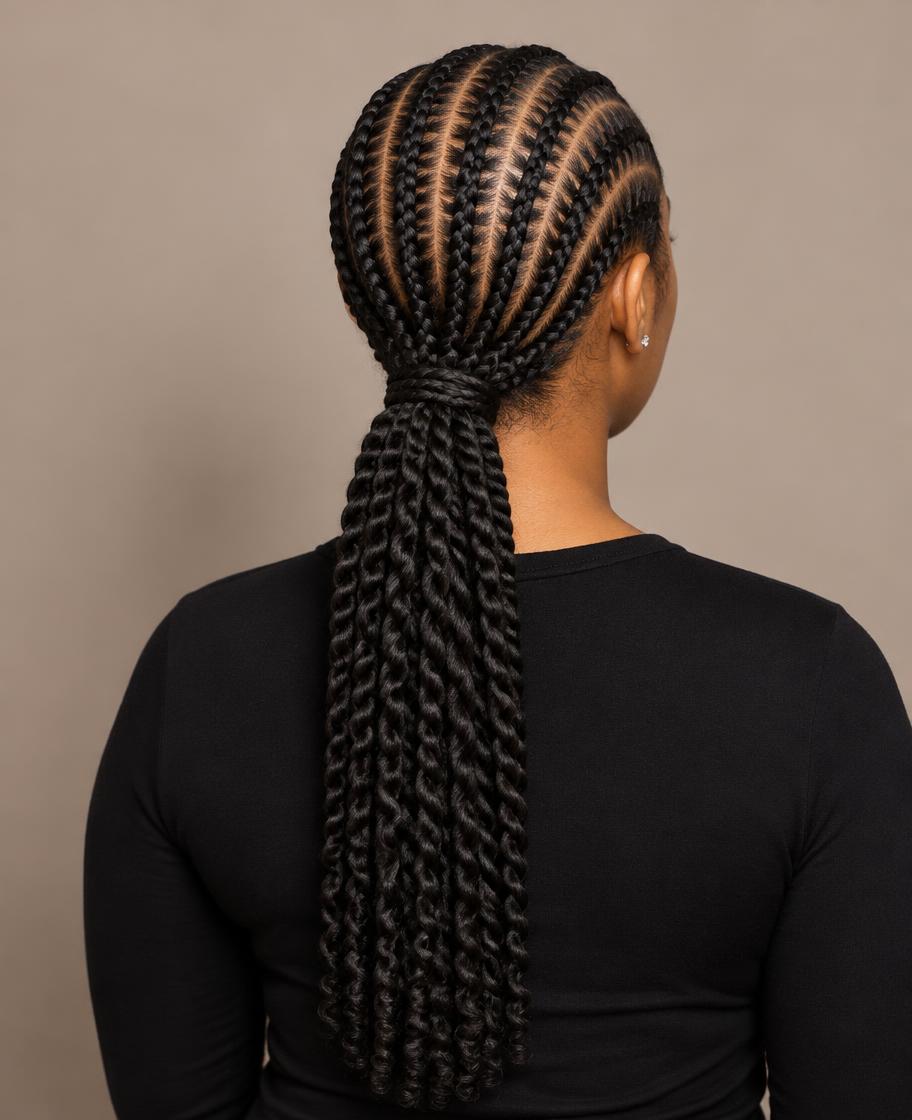 Stitch cornrows gathered into a long braided ponytail, styled at Dixa Hair & Beauty Salon
