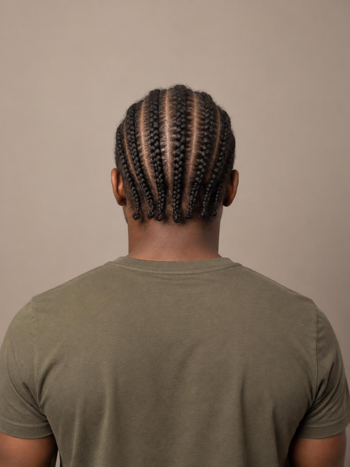 Short natural cornrows braided in straight back rows, styled at Dixa Hair & Beauty Salon