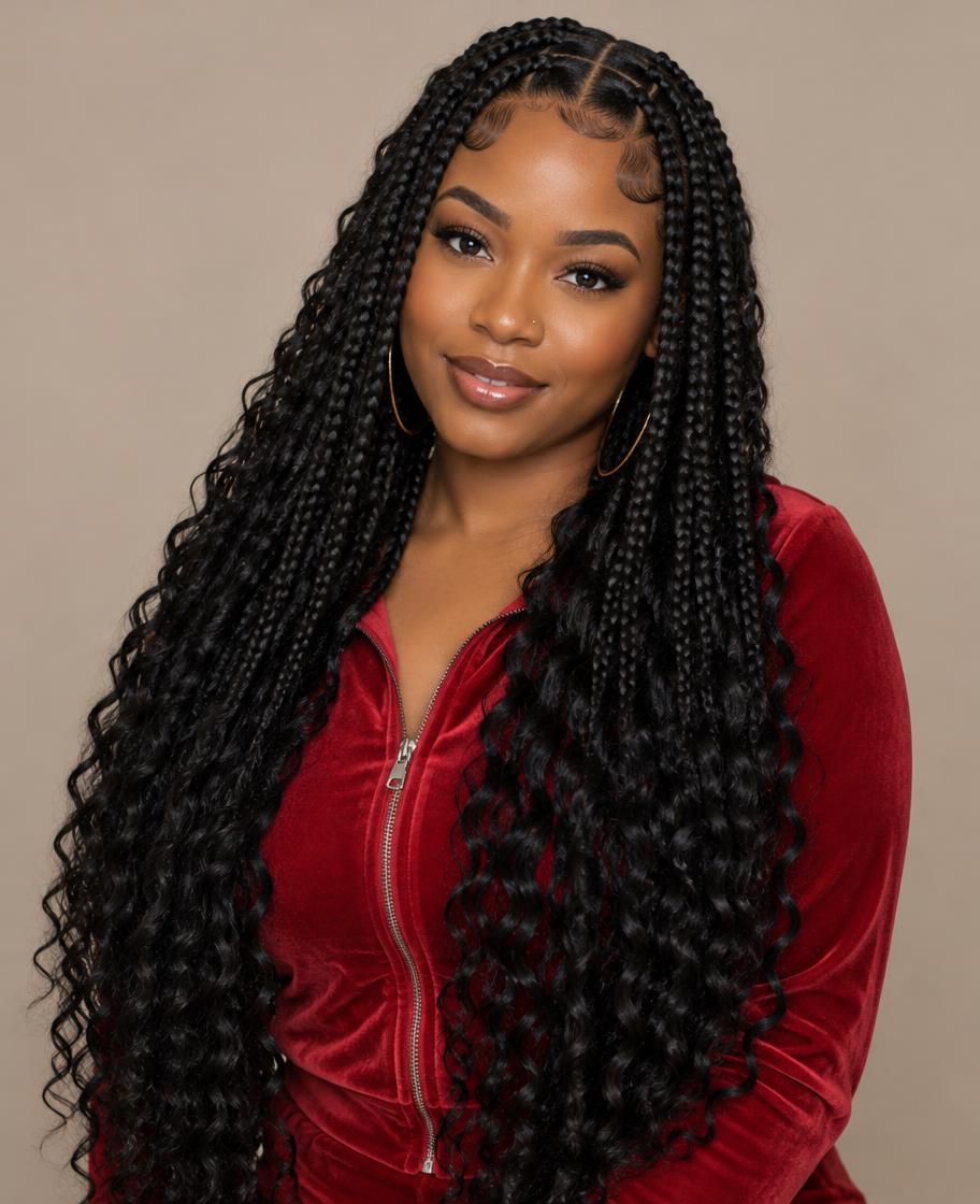 Extra-long goddess braids with loose wavy ends, styled at Dixa Hair & Beauty Salon