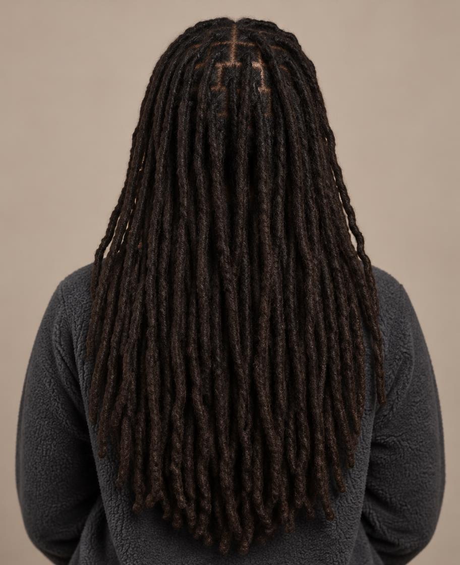 Long natural-look locs in dark brown seen from behind, styled at Dixa Hair & Beauty Salon