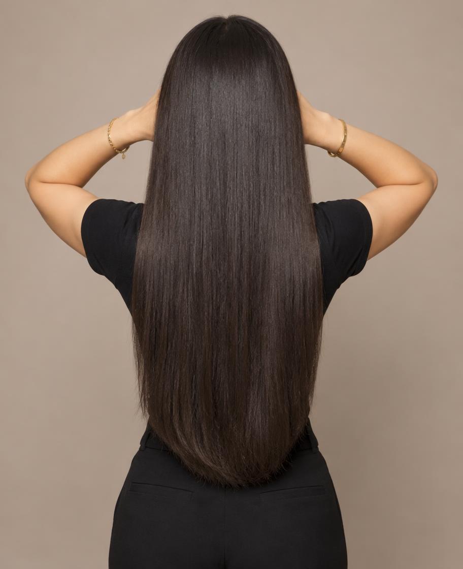 Very long straight dark hair seen from behind with hands raised, styled at Dixa Hair & Beauty Salon