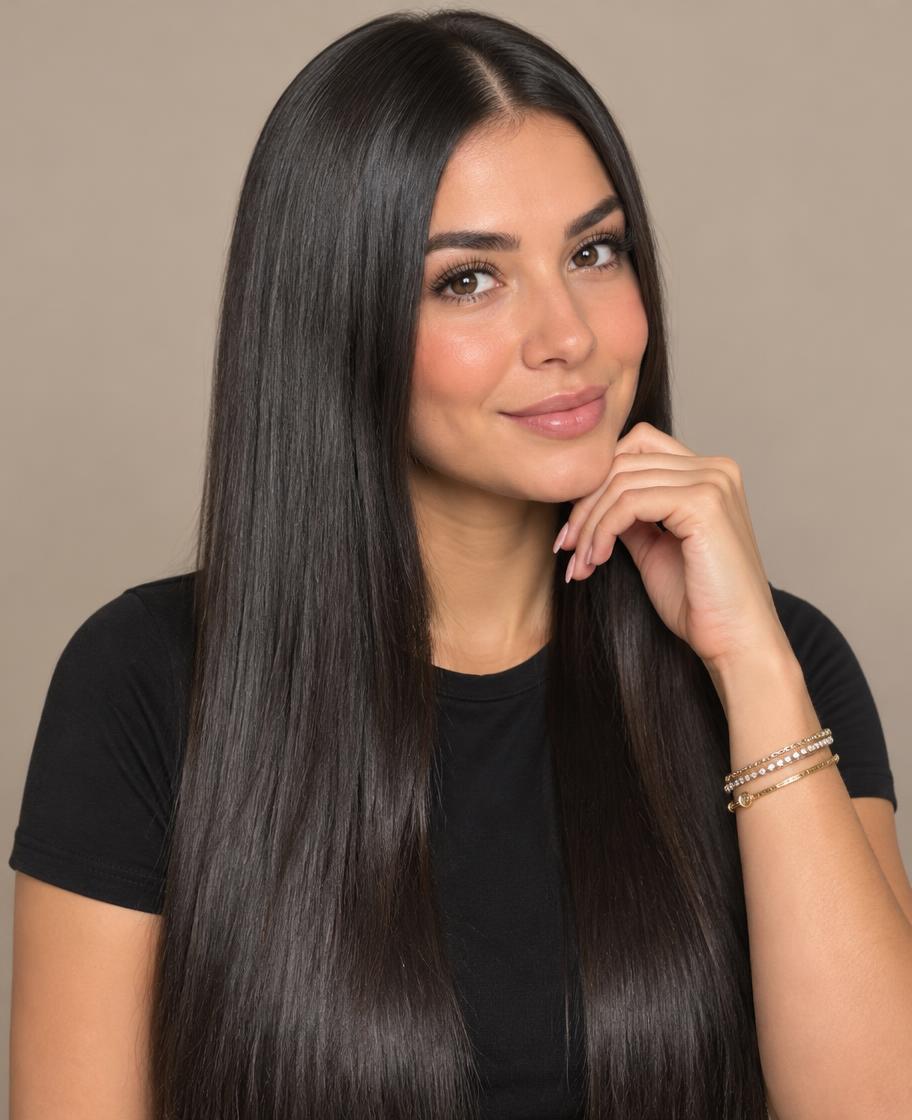 Long sleek straight dark hair viewed from the side, styled at Dixa Hair & Beauty Salon