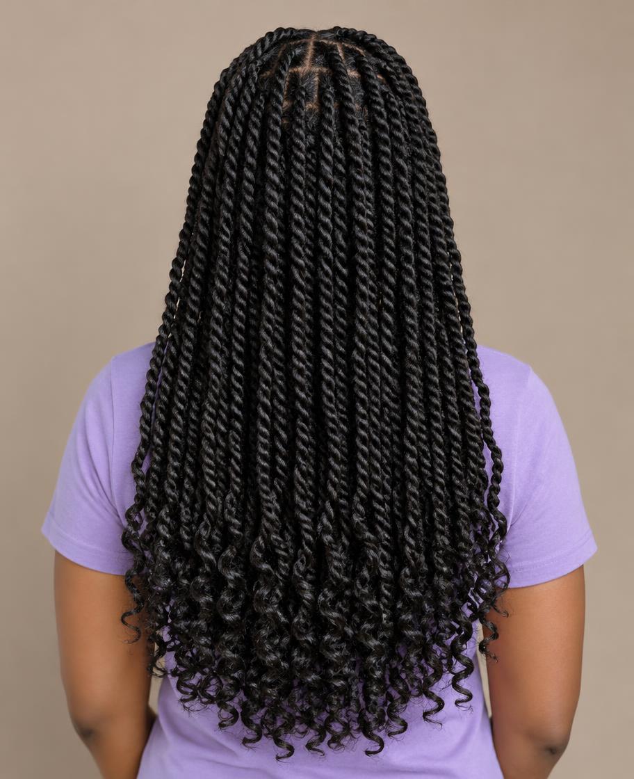 Long dark passion twists with curly ends viewed from behind, styled at Dixa Hair & Beauty Salon