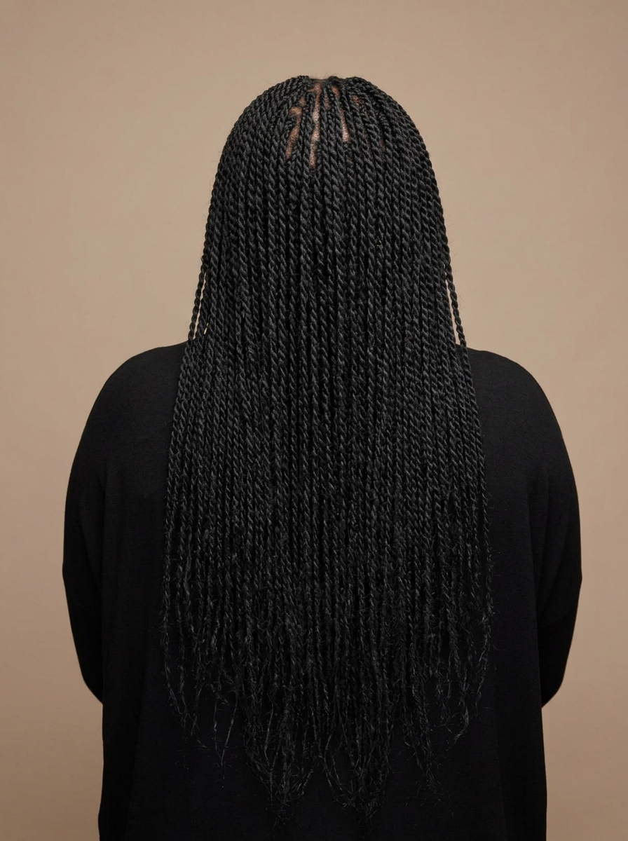 Long black Senegalese twists viewed from behind, styled at Dixa Hair & Beauty Salon