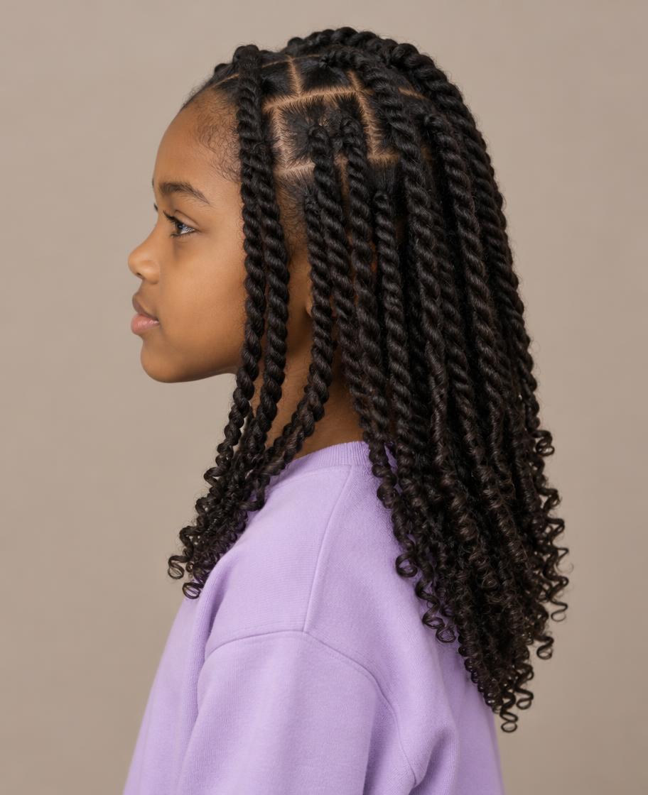 Side view of thick rope twists with heart-shaped scalp partings, styled at Dixa Hair & Beauty Salon