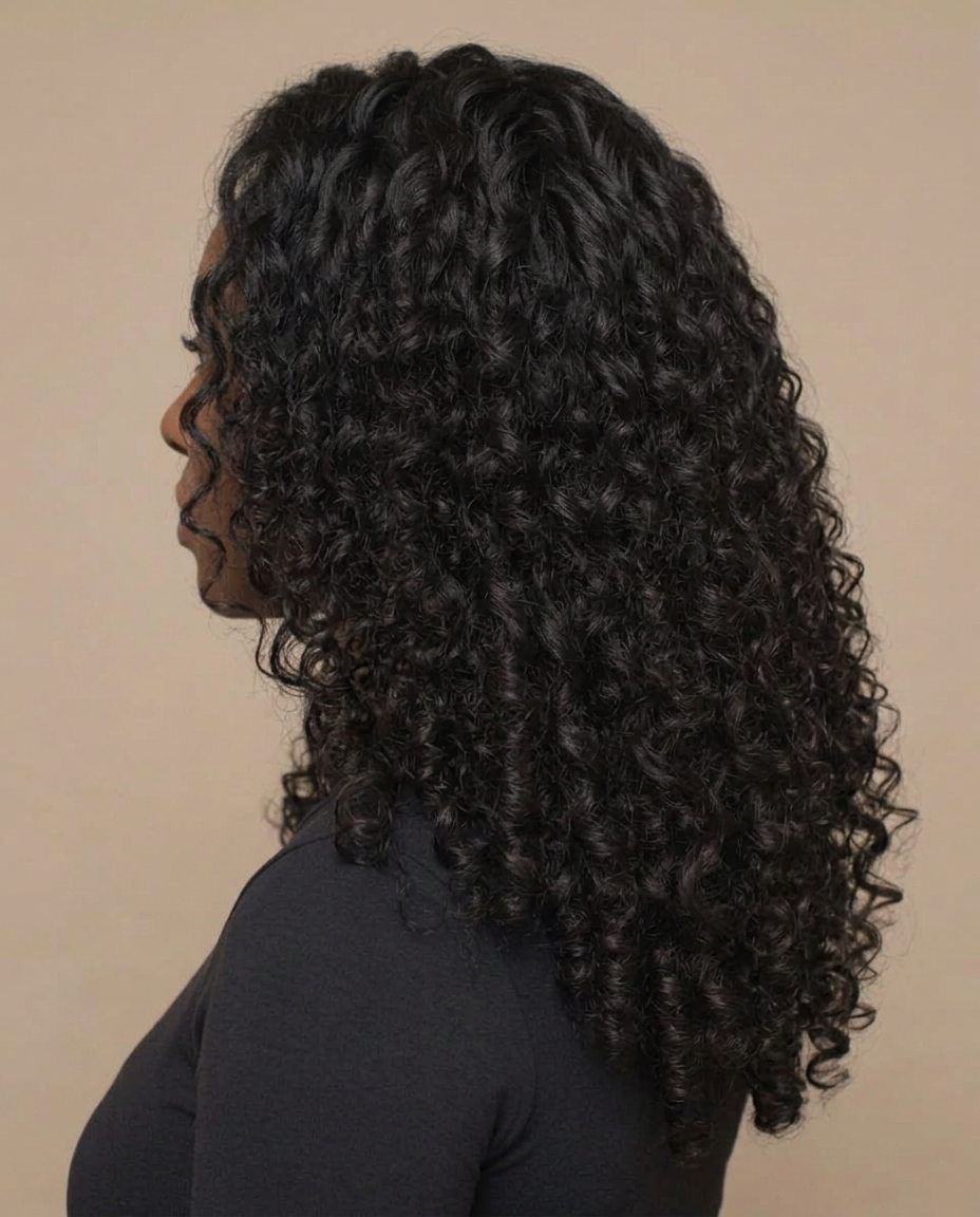 Studio-edited synthetic sew-in weave with curls obscuring most of an AI-created side profile